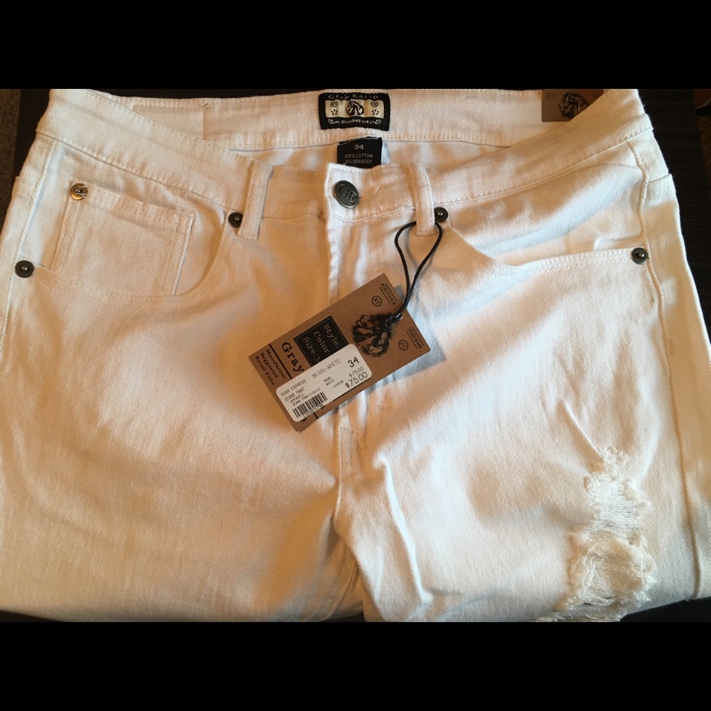 All white Gray Earth Biker distressed jeans